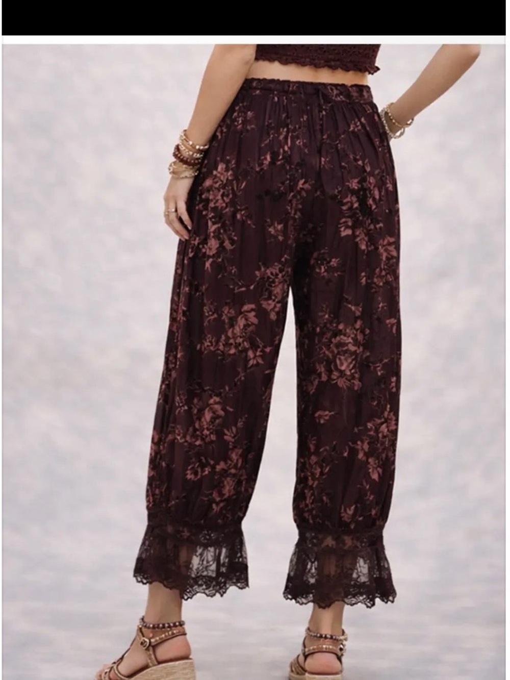 Lantern Pants - Lace Floral Flocked Elastic Waist Coffee NEW WITH TAGS